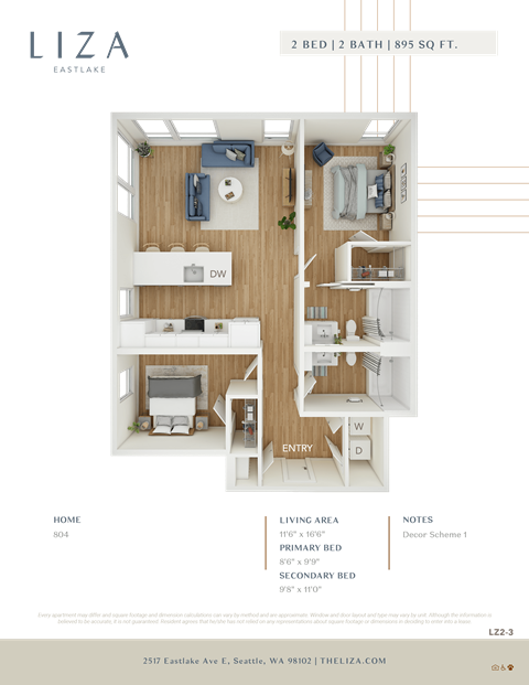 Liza Apartment 3D floor plan - 2x2 895 sqft
